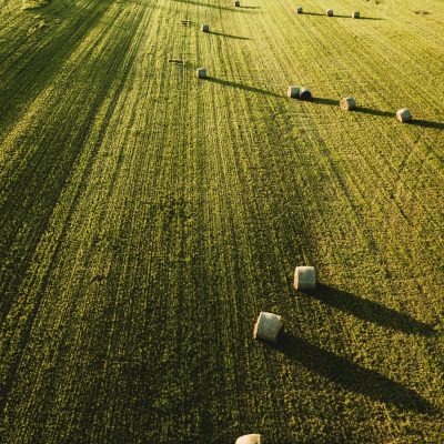 A large beautiful agricultural field with stacks of hay shot from above